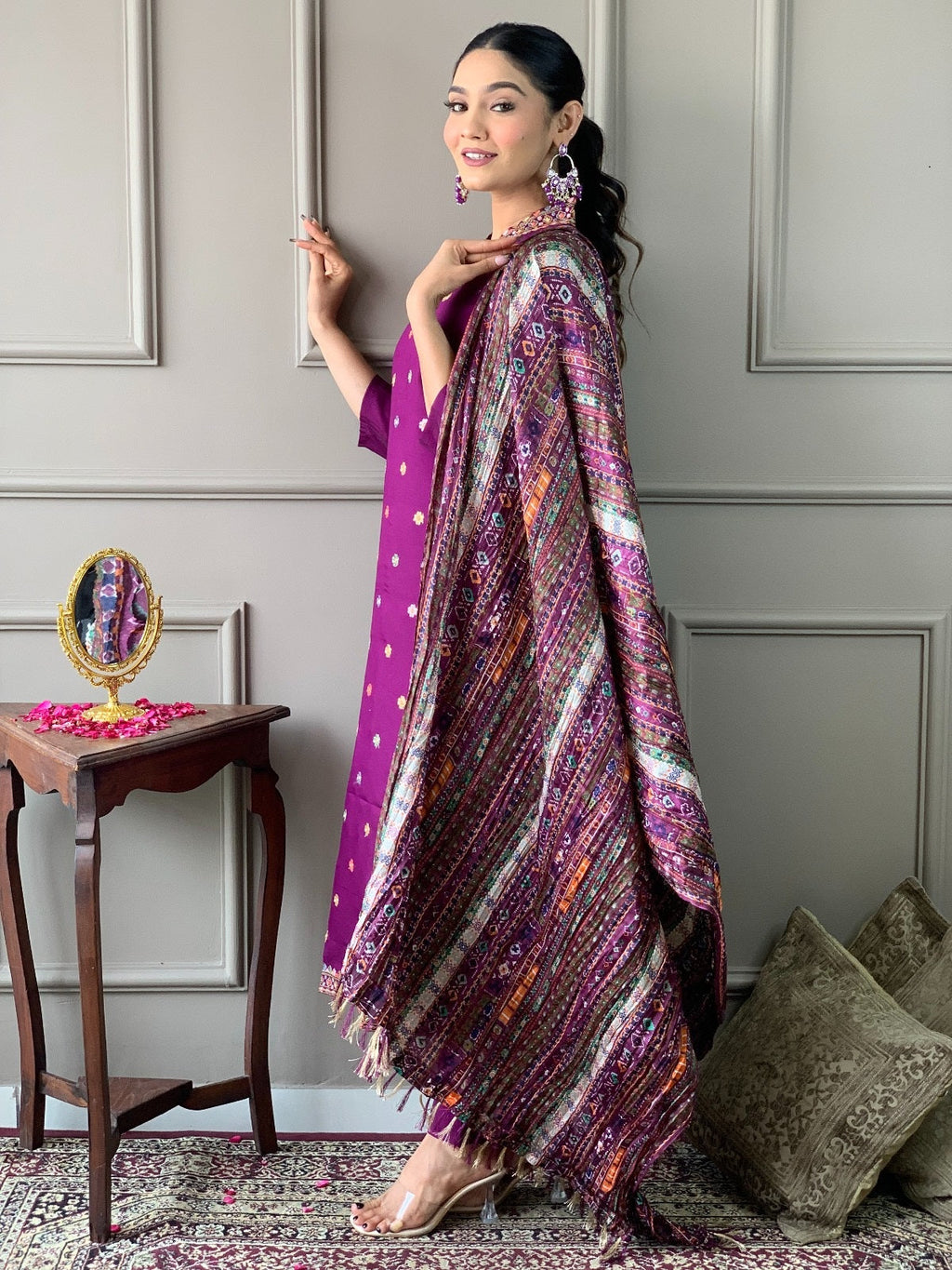 Teeya Creation Dark Wine Color Viscose Chanderi Embroidery Work Fully Stitched Kurti Set