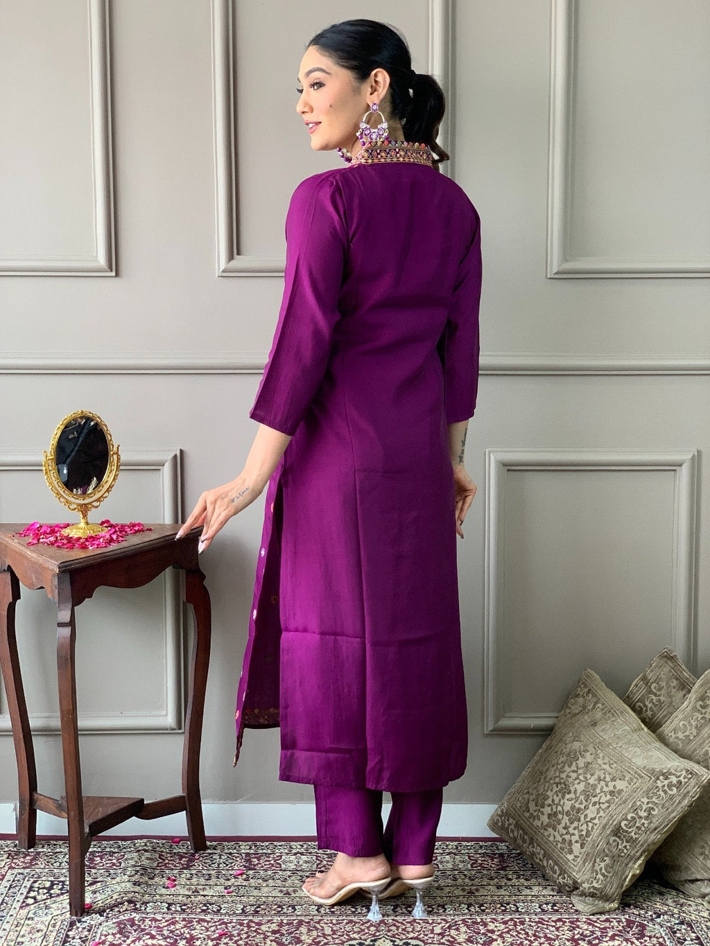 Teeya Creation Dark Wine Color Viscose Chanderi Embroidery Work Fully Stitched Kurti Set