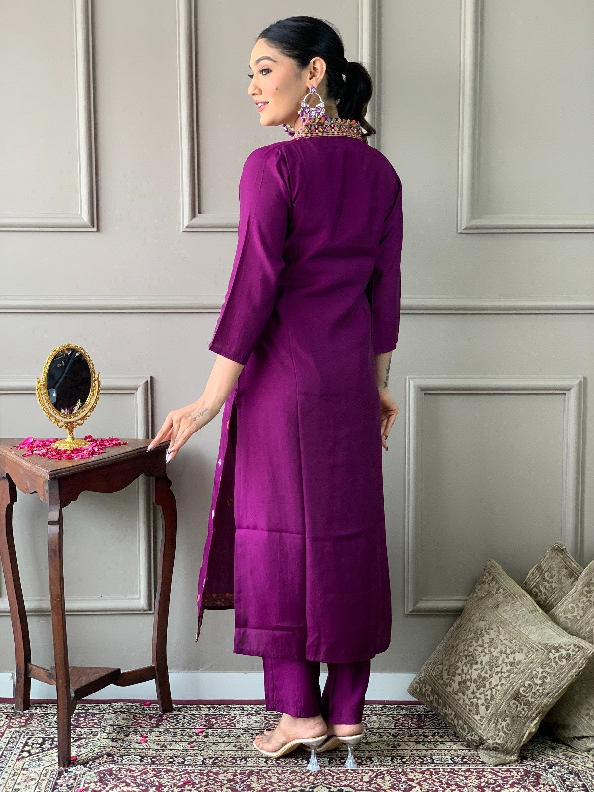 Teeya Creation Dark Wine Color Viscose Chanderi Embroidery Work Fully Stitched Kurti Set