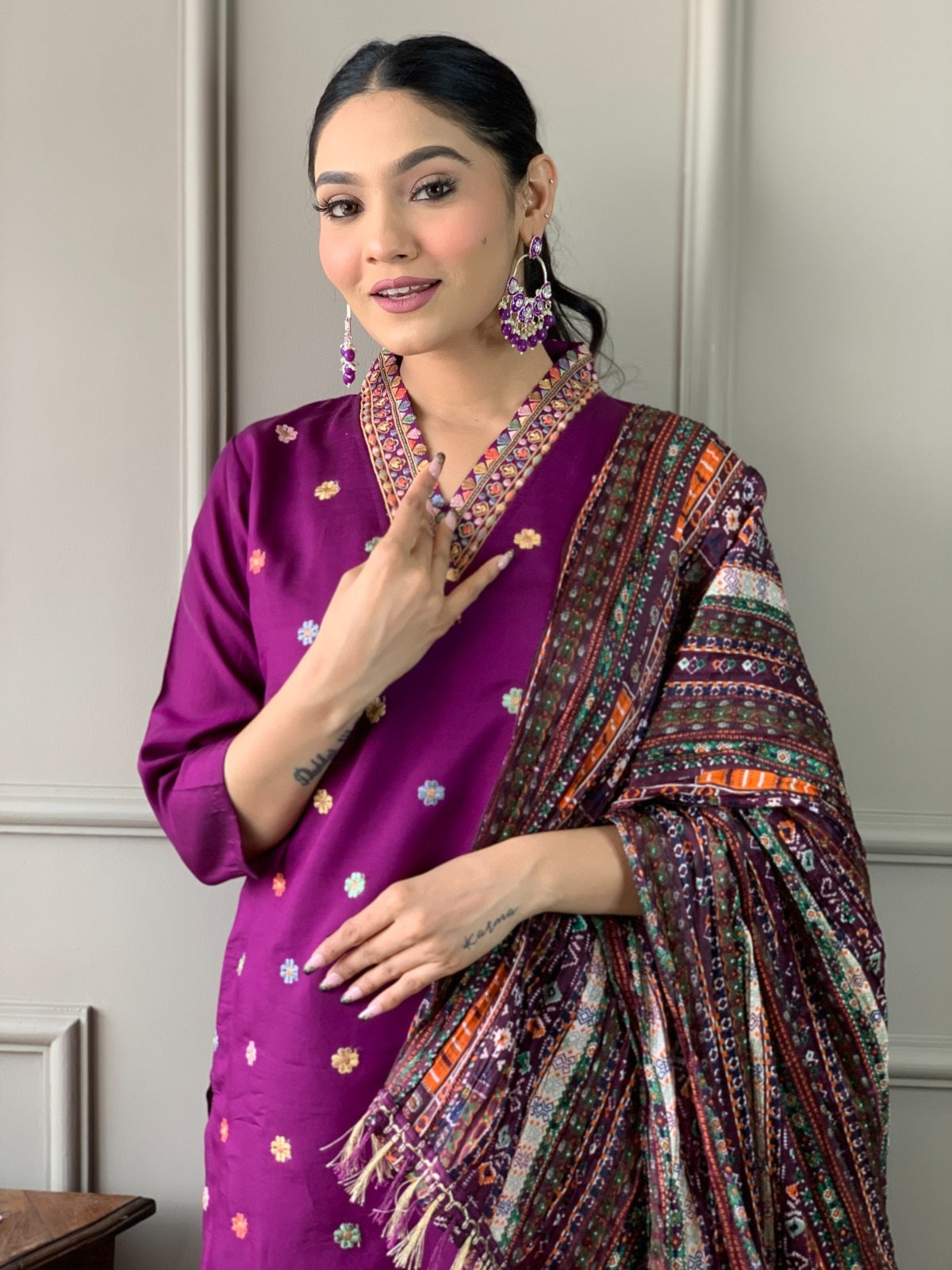 Teeya Creation Dark Wine Color Viscose Chanderi Embroidery Work Fully Stitched Kurti Set