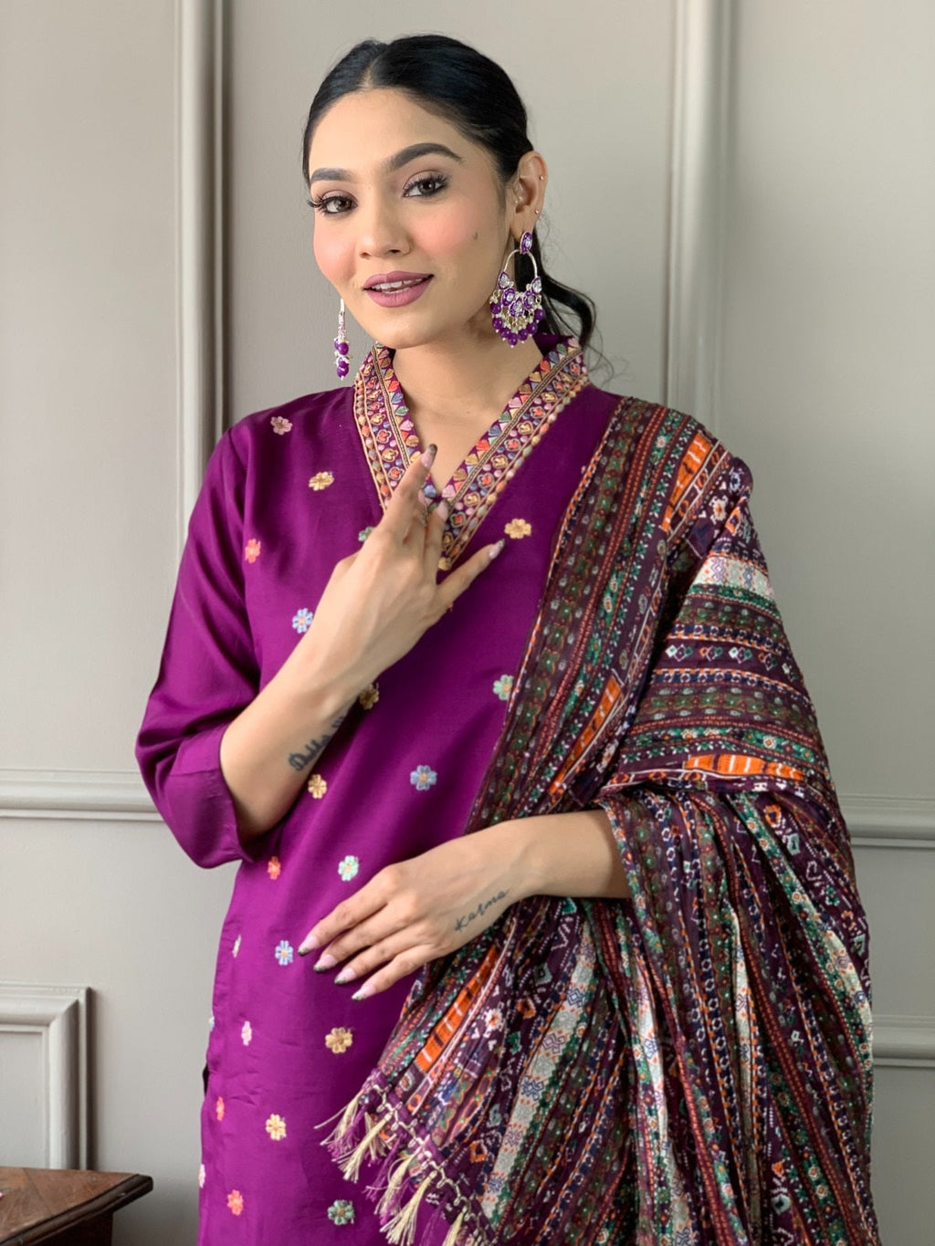 Teeya Creation Purple Color Viscose Chanderi Embroidery Work Fully Stitched Kurti Set