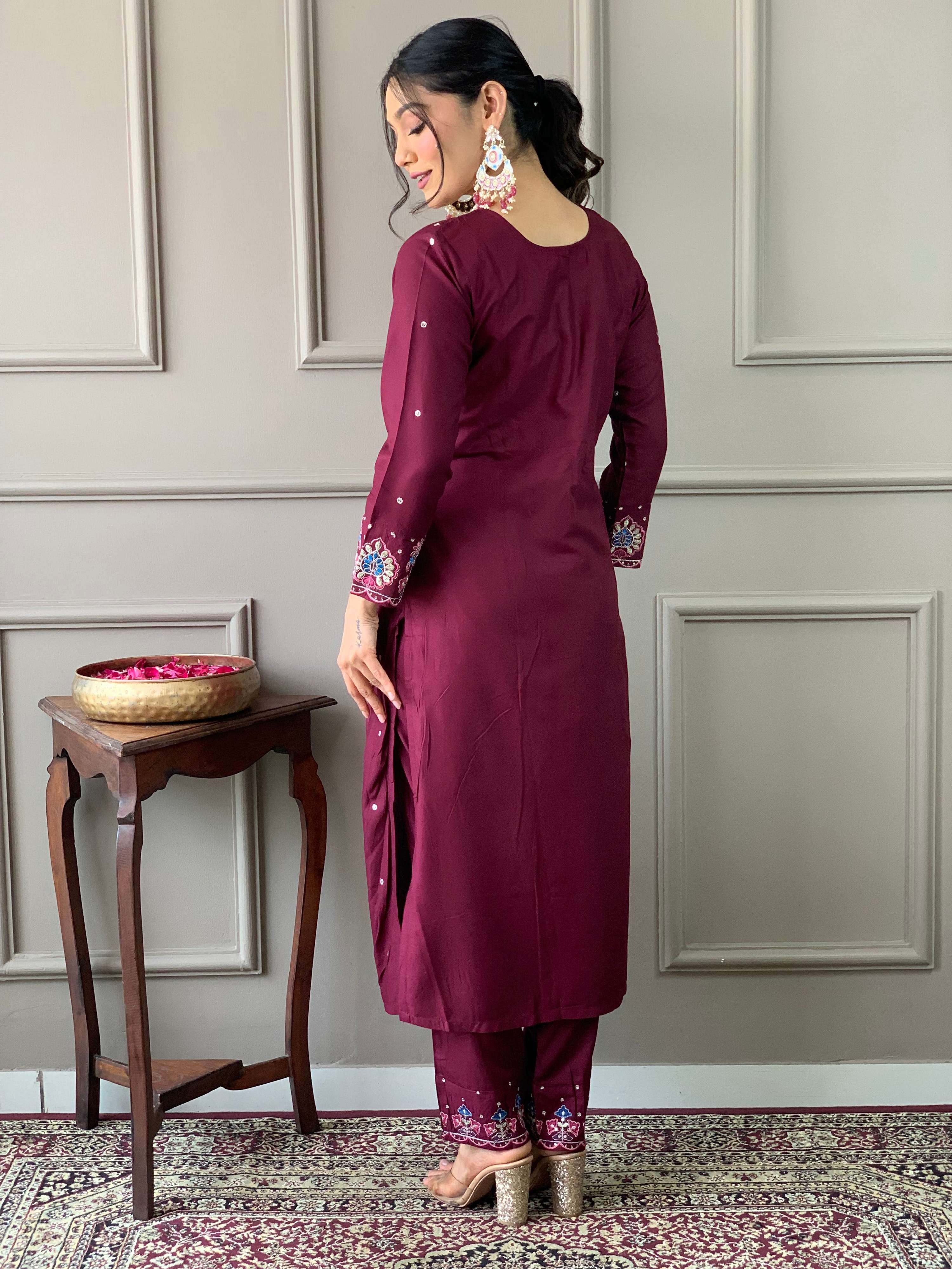 The52 Wine Embroidered Viscose Chanderi Fabric Straight Kurta, Pant and Dupatta Set
