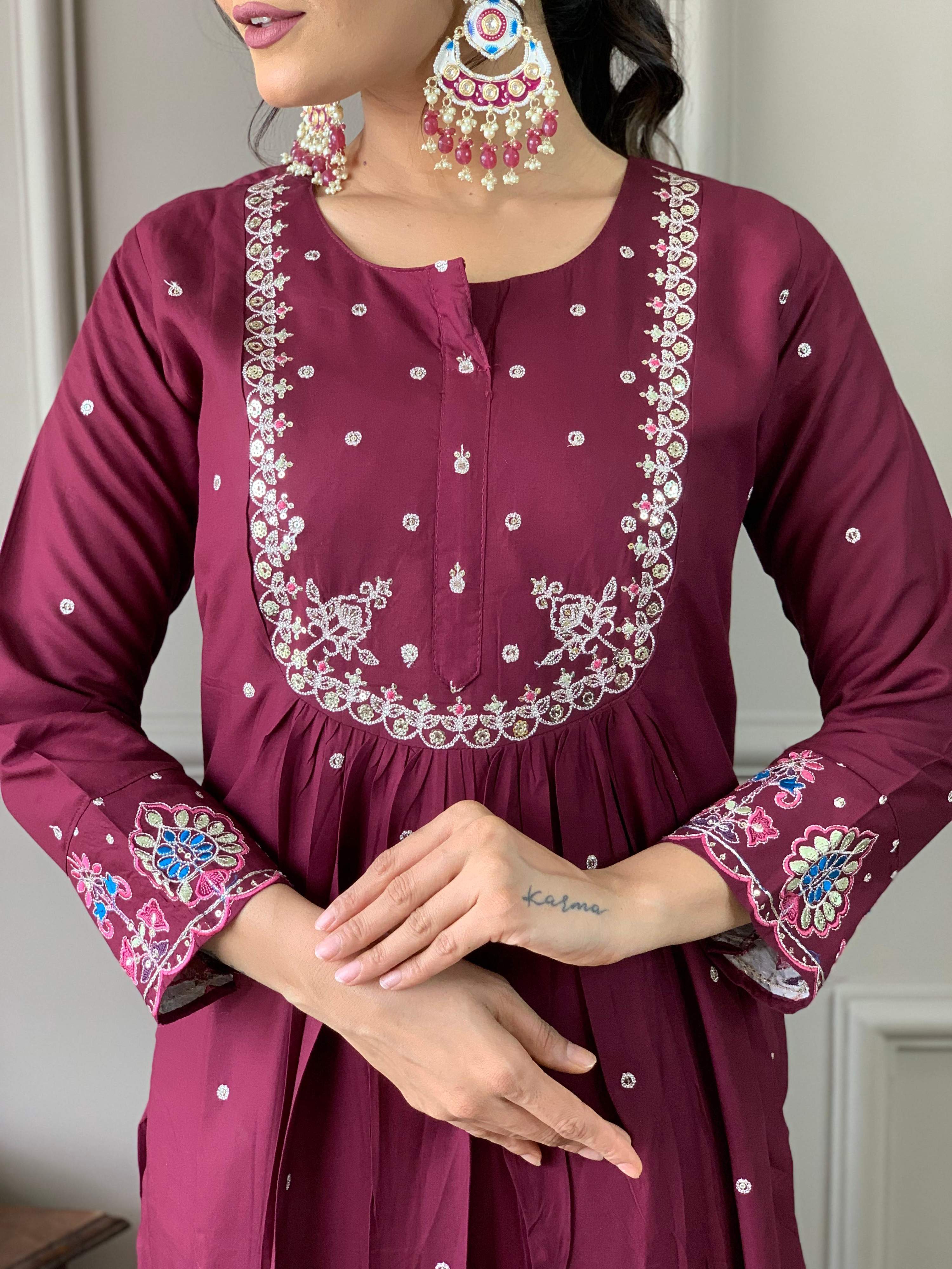 The52 Wine Embroidered Viscose Chanderi Fabric Straight Kurta, Pant and Dupatta Set
