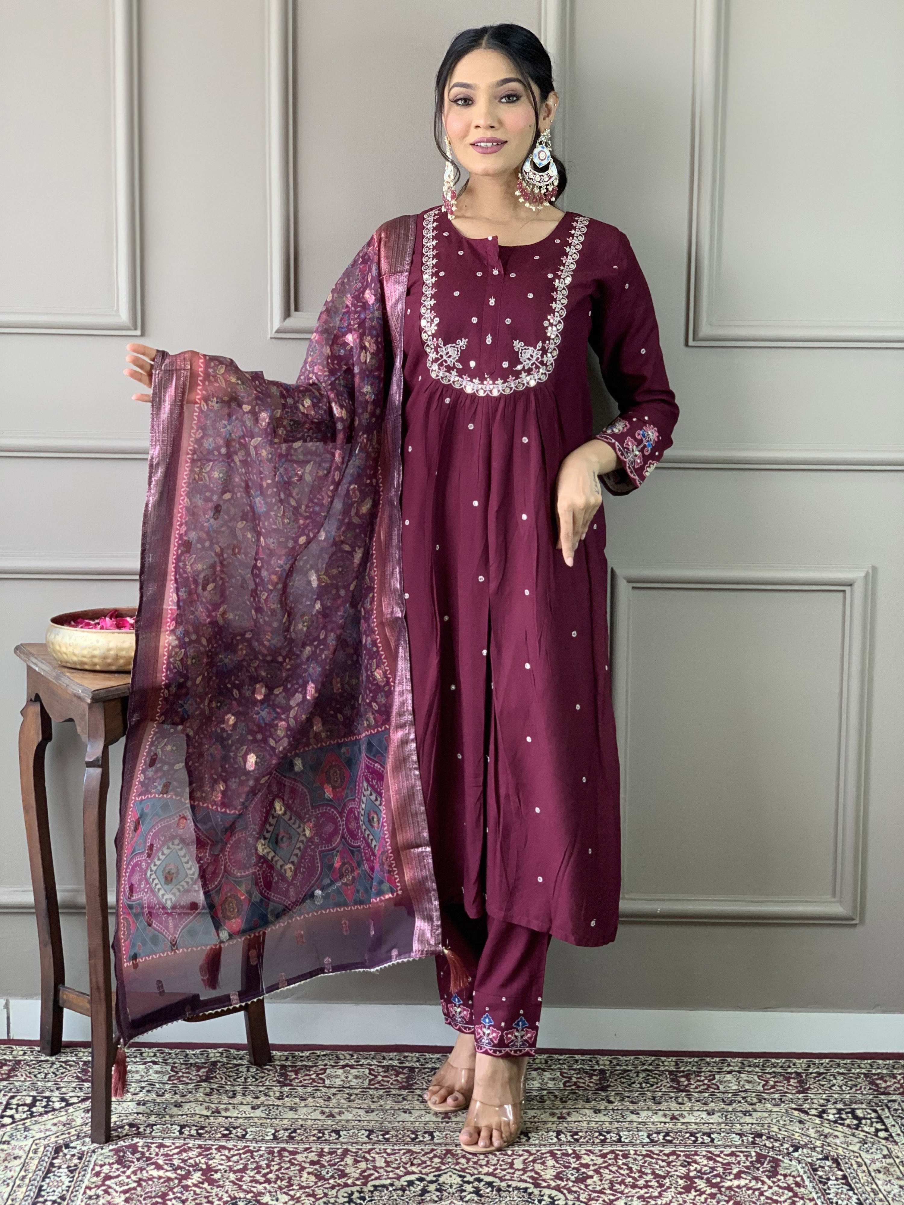 The52 Wine Embroidered Viscose Chanderi Fabric Straight Kurta, Pant and Dupatta Set