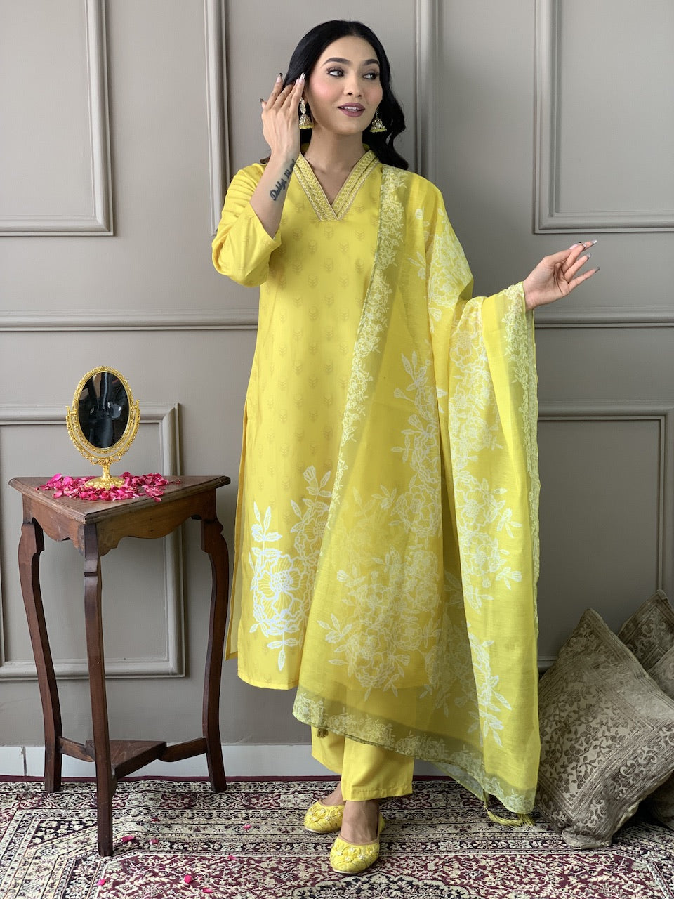 Teeya Creation Olive Color Muslin Silk With Digital Print And Embroidery Work Fully Stitched Kurti Set
