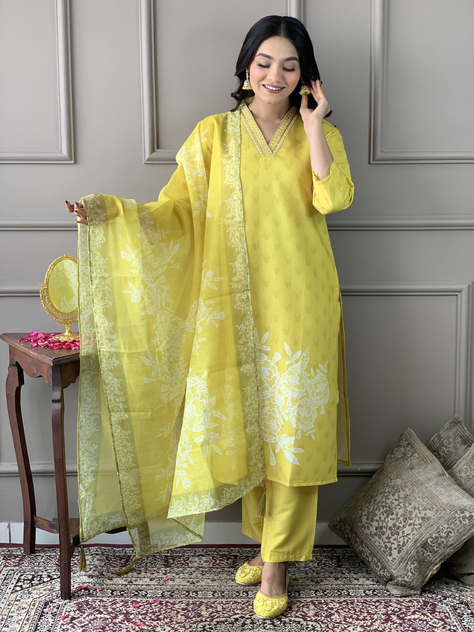 The52 Yellow Embroidered Rayon Fabric Straight Kurta, Pant and Dupatta Set