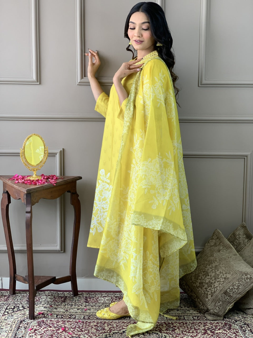 Teeya Creation Olive Color Muslin Silk With Digital Print And Embroidery Work Fully Stitched Kurti Set