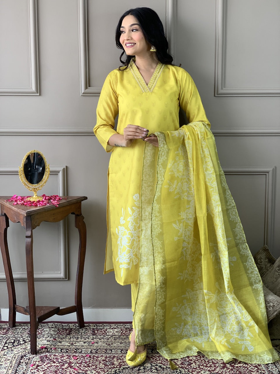 Teeya Creation Olive Color Muslin Silk With Digital Print And Embroidery Work Fully Stitched Kurti Set
