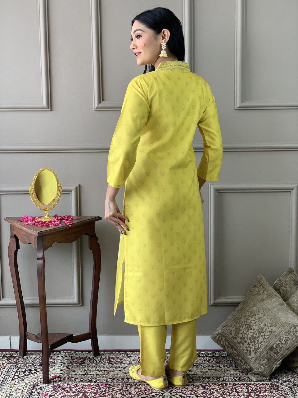 The52 Yellow Embroidered Rayon Fabric Straight Kurta, Pant and Dupatta Set