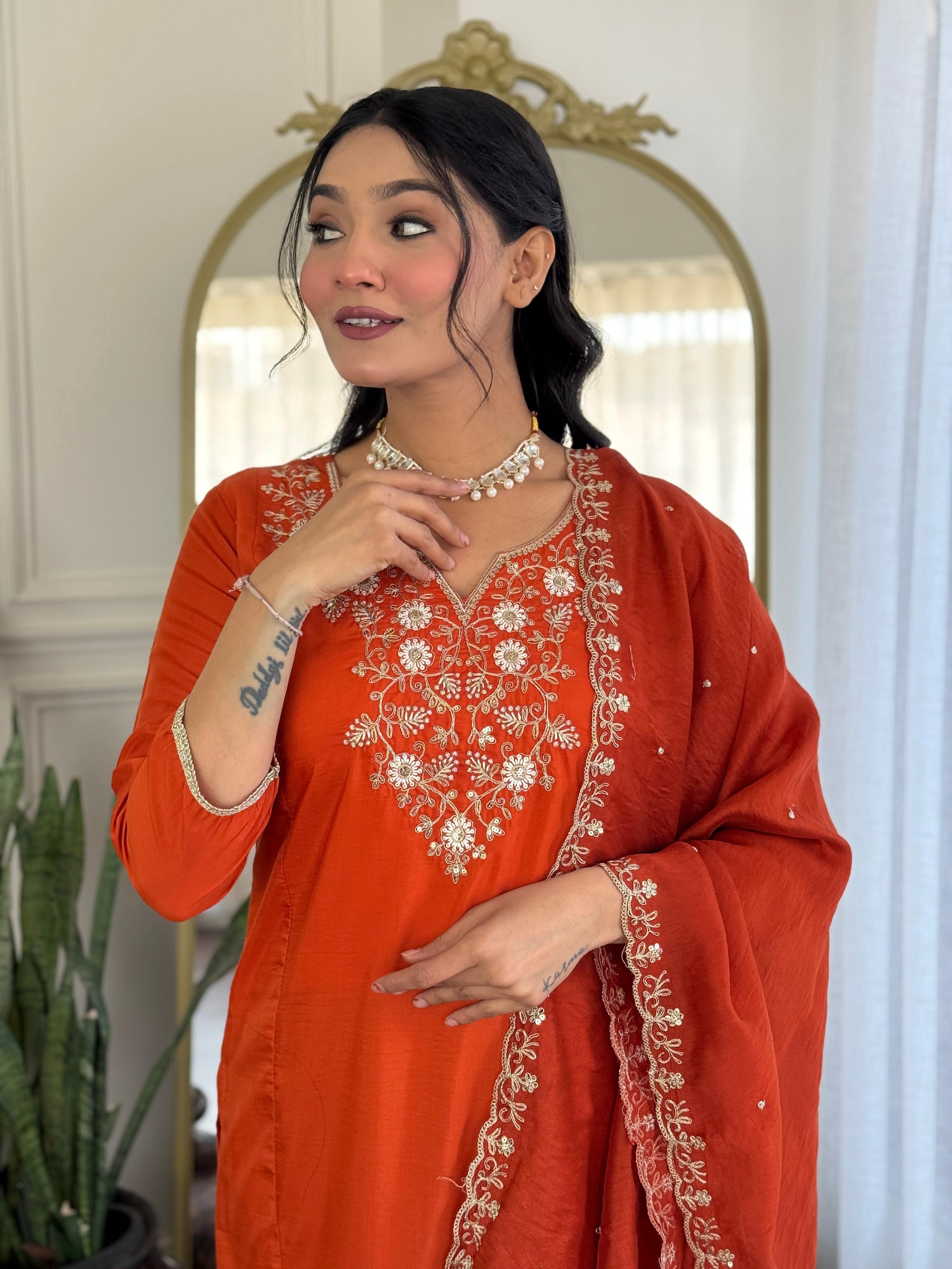 The52 Women's Beautiful Viscose Chinon Embroidered Straight Kurta with Pant And Dupatta Set