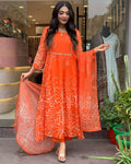 Teeya Creation Orange Color Faux Georgette With Digital Print And Embroidery Work Fully Stitched Kurti Set