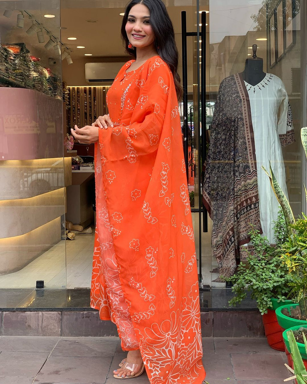 Teeya Creation Orange Color Faux Georgette With Digital Print And Embroidery Work Fully Stitched Kurti Set