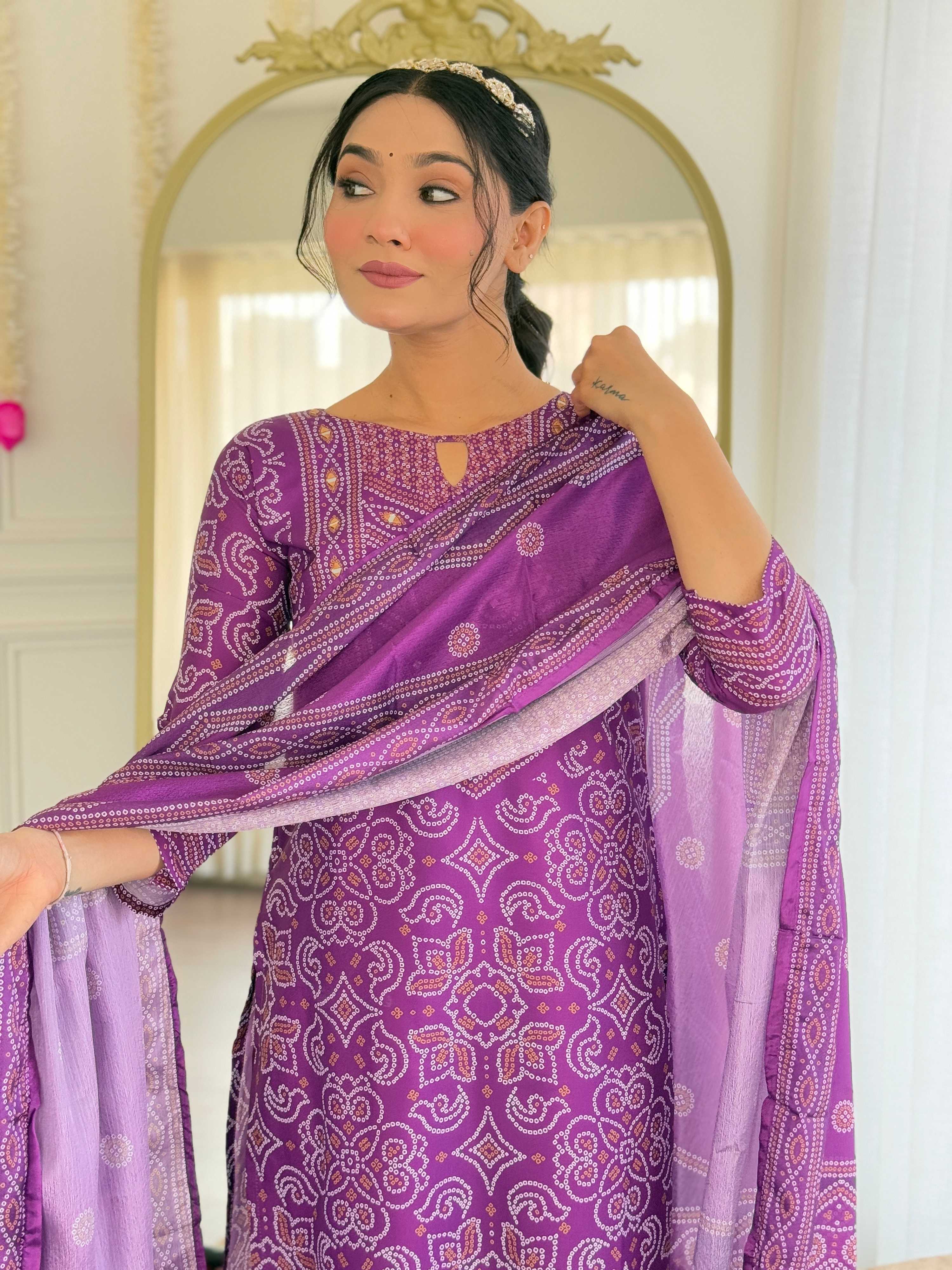 Teeya Creation Purple Color French Crepe With Digital Print And Embroidery Work Fully Stitched Kurti Set