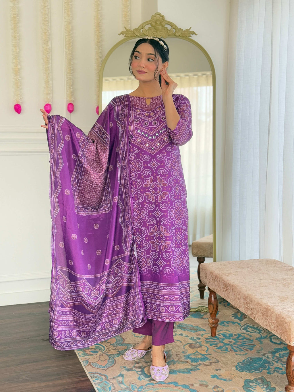 Teeya Creation Purple Color French Crepe With Digital Print And Embroidery Work Fully Stitched Kurti Set