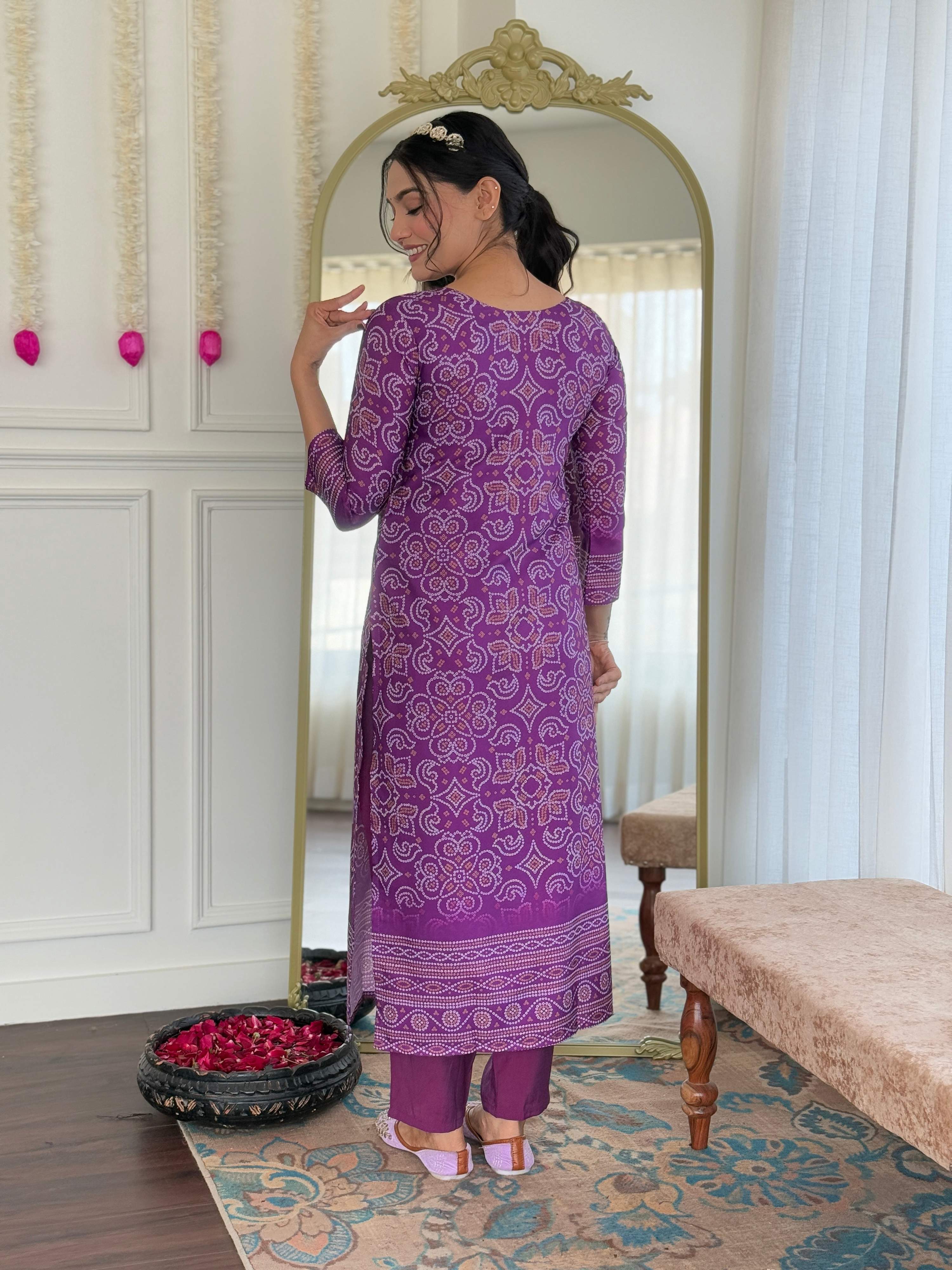 Teeya Creation Purple Color French Crepe With Digital Print And Embroidery Work Fully Stitched Kurti Set