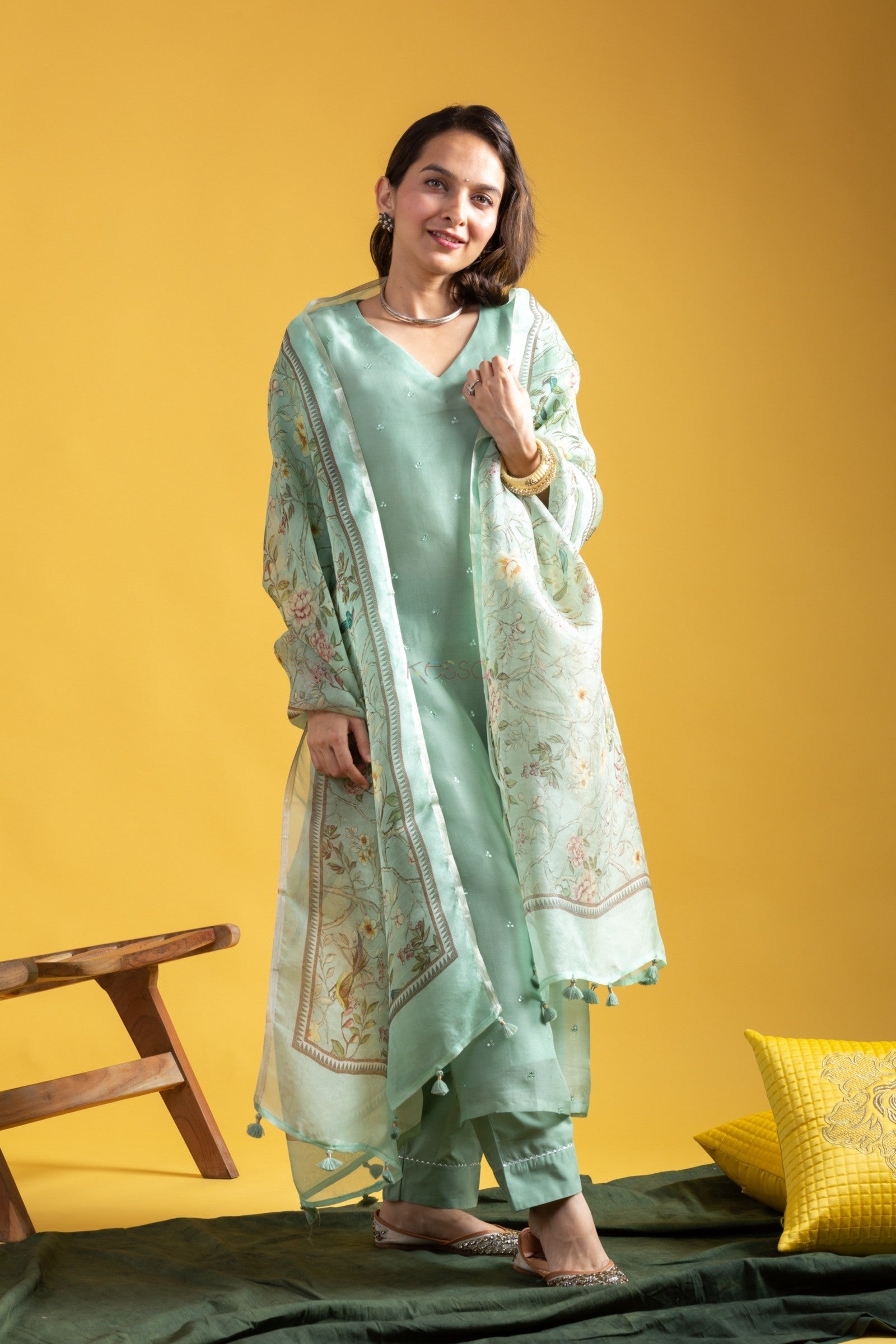 Teeya Creation Pista Green Color Viscose Chanderi Embroidery Work Fully Stitched Kurti Set