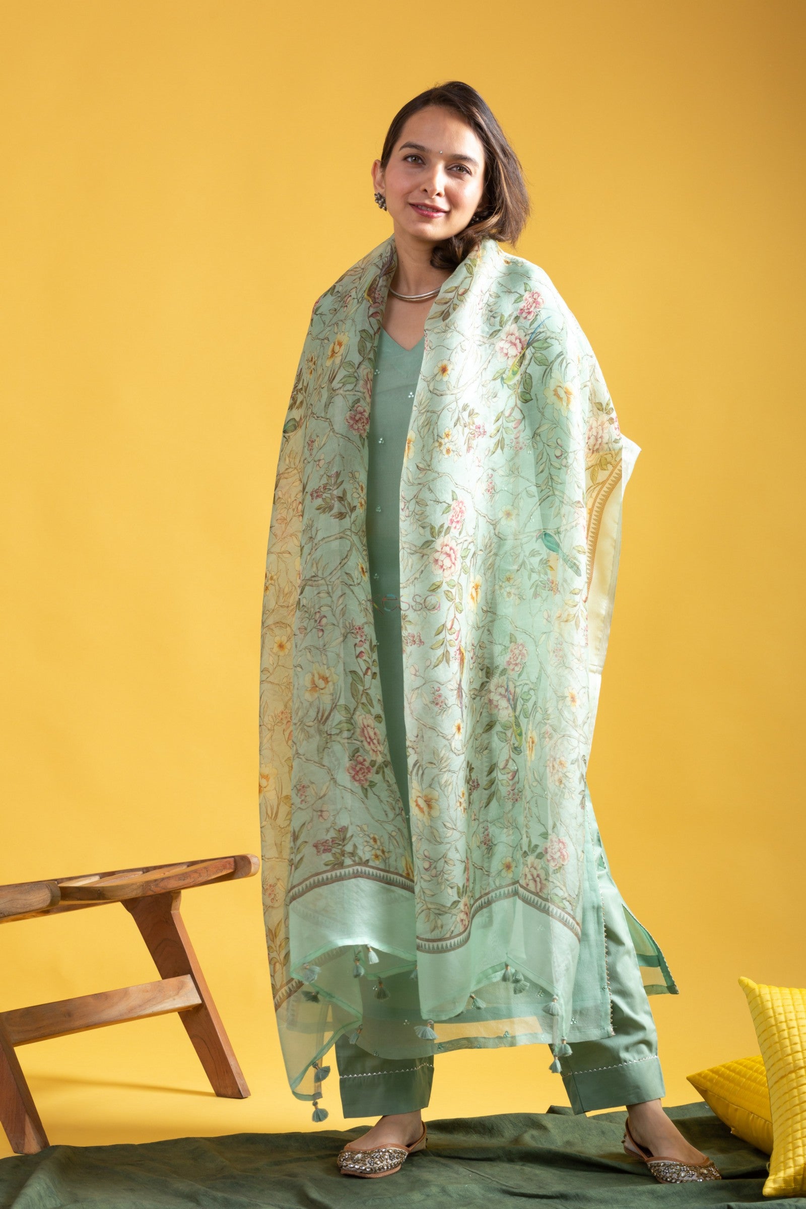 Teeya Creation Pista Green Color Viscose Chanderi Embroidery Work Fully Stitched Kurti Set