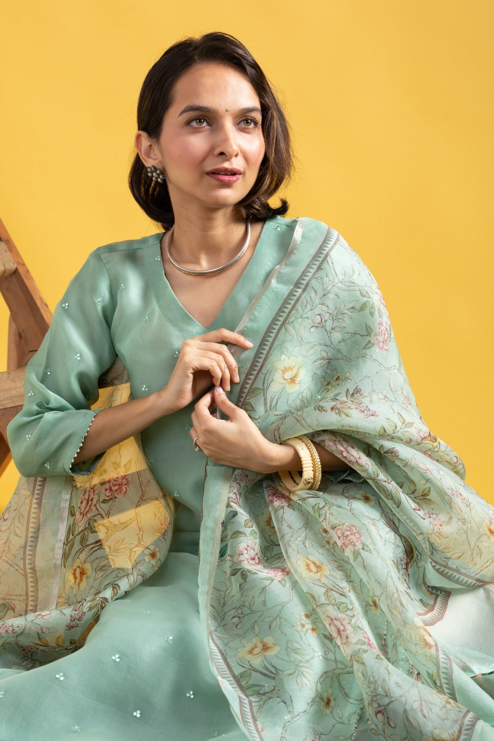 Teeya Creation Pista Green Color Viscose Chanderi Embroidery Work Fully Stitched Kurti Set