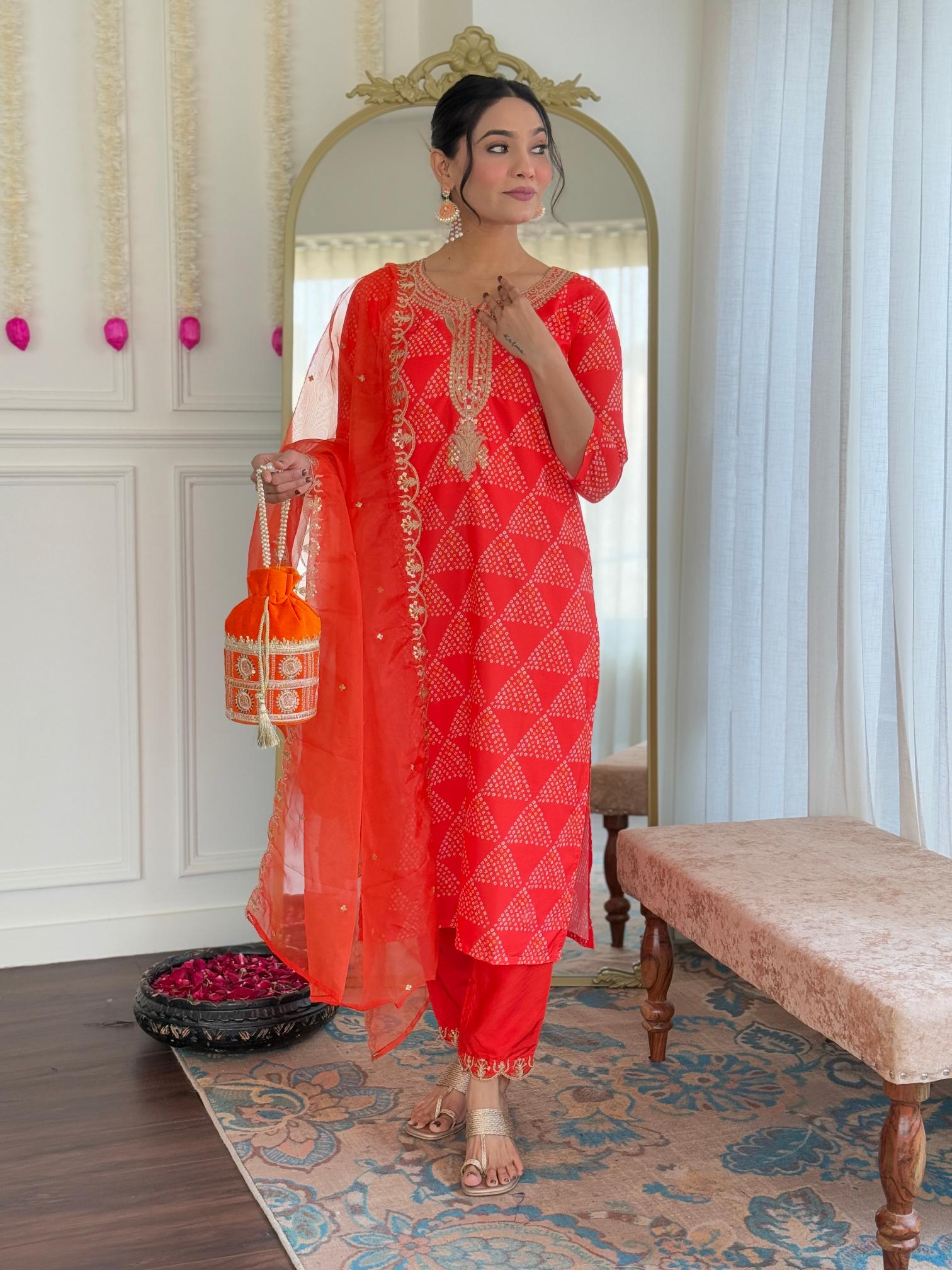The52 Red French Crepe Fabric Straight Kurta, Pant and Dupatta Set