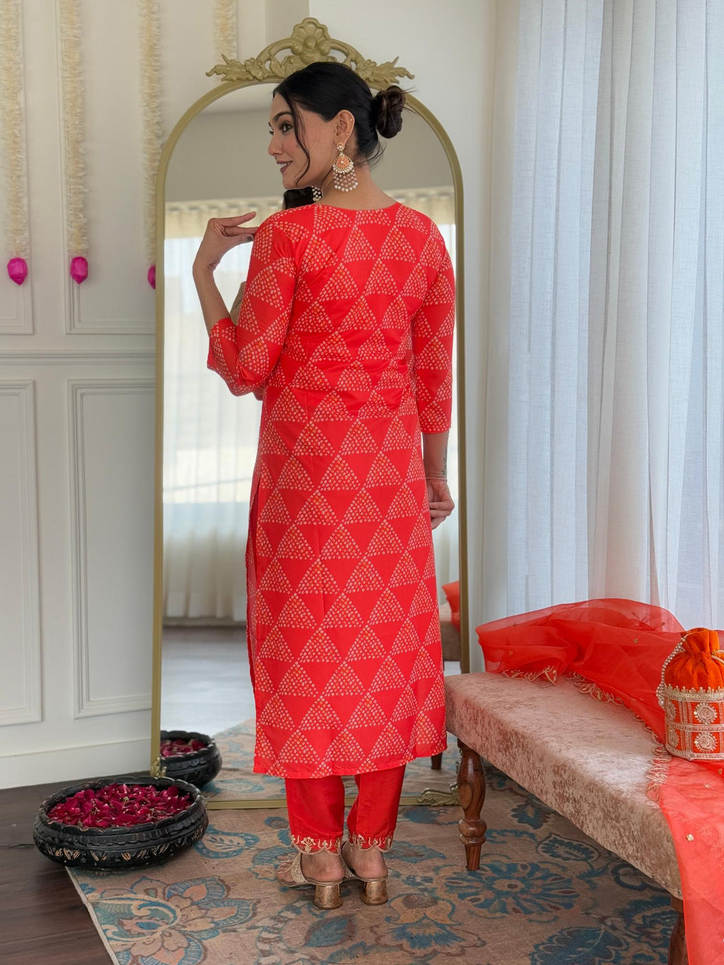 The52 Red French Crepe Fabric Straight Kurta, Pant and Dupatta Set