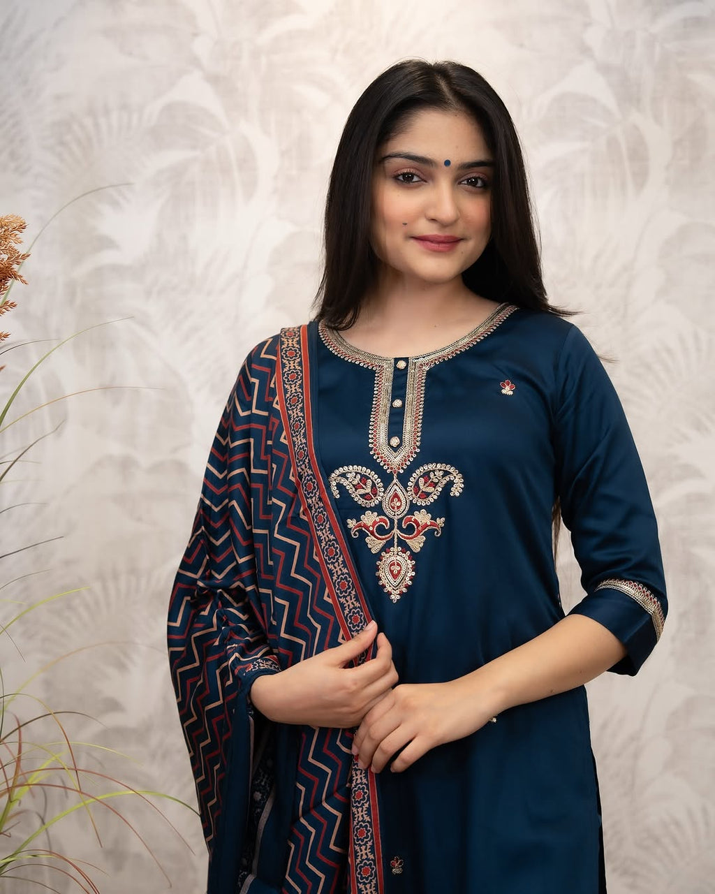 The52 Women's Gorgeous Chanderi Silk Embroidery Straight Kurta with Pant and Dupatta Set