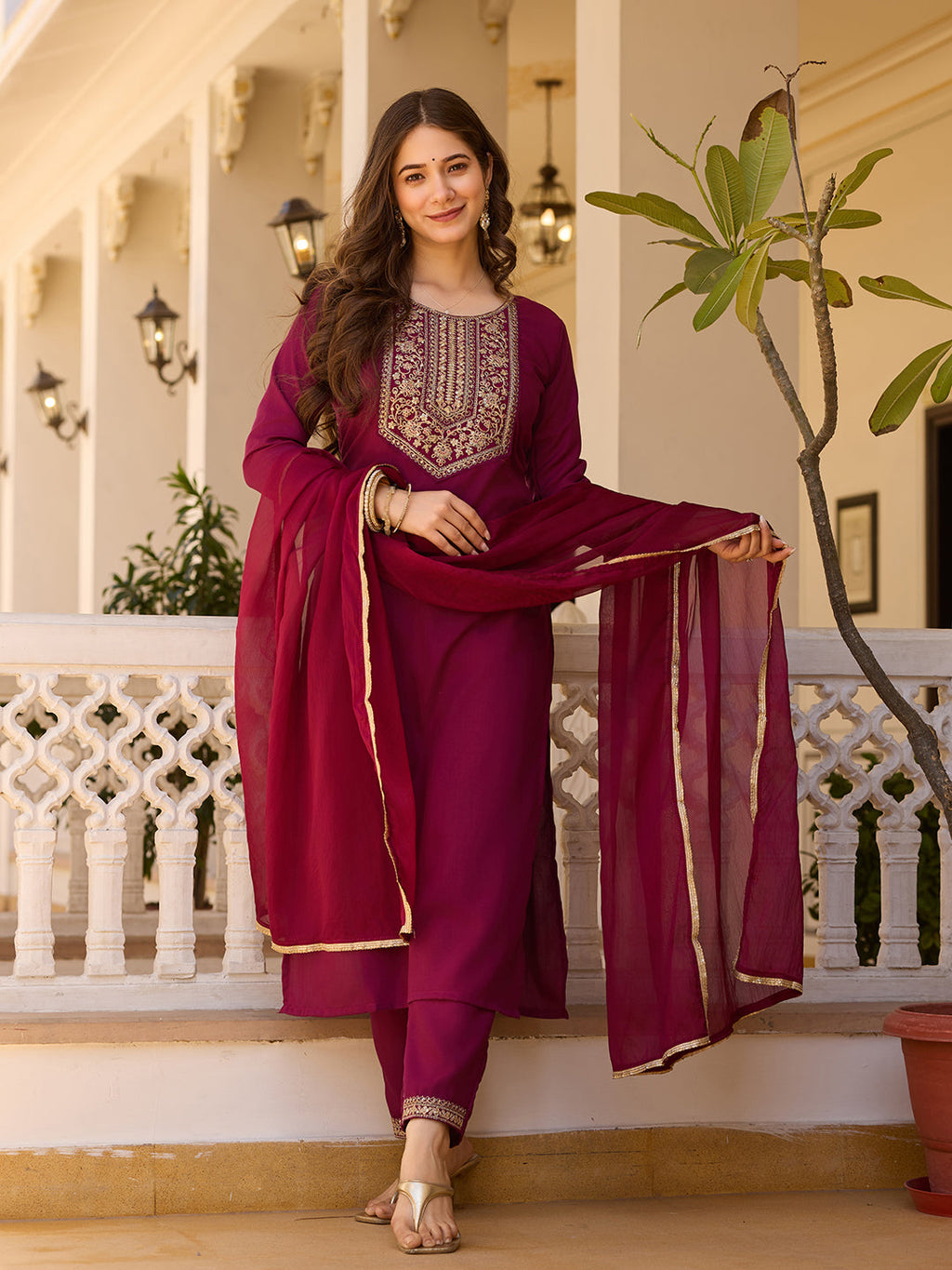 Teeya Creation Maroon Color Rayon Embroidery Work Fully Stitched Kurti Set