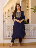 Teeya Creation Navy Blue Color Rayon Embroidery Work Fully Stitched Kurti Set
