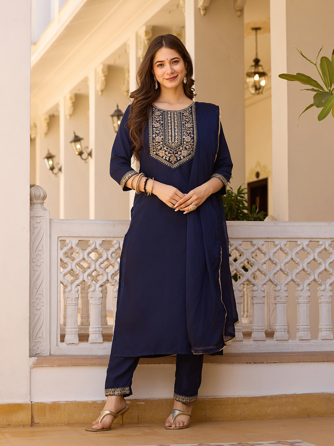 Teeya Creation Navy Blue Color Rayon Embroidery Work Fully Stitched Kurti Set