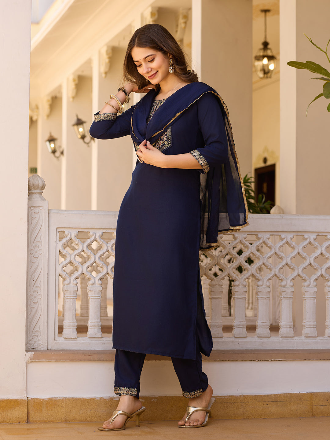 Teeya Creation Navy Blue Color Rayon Embroidery Work Fully Stitched Kurti Set