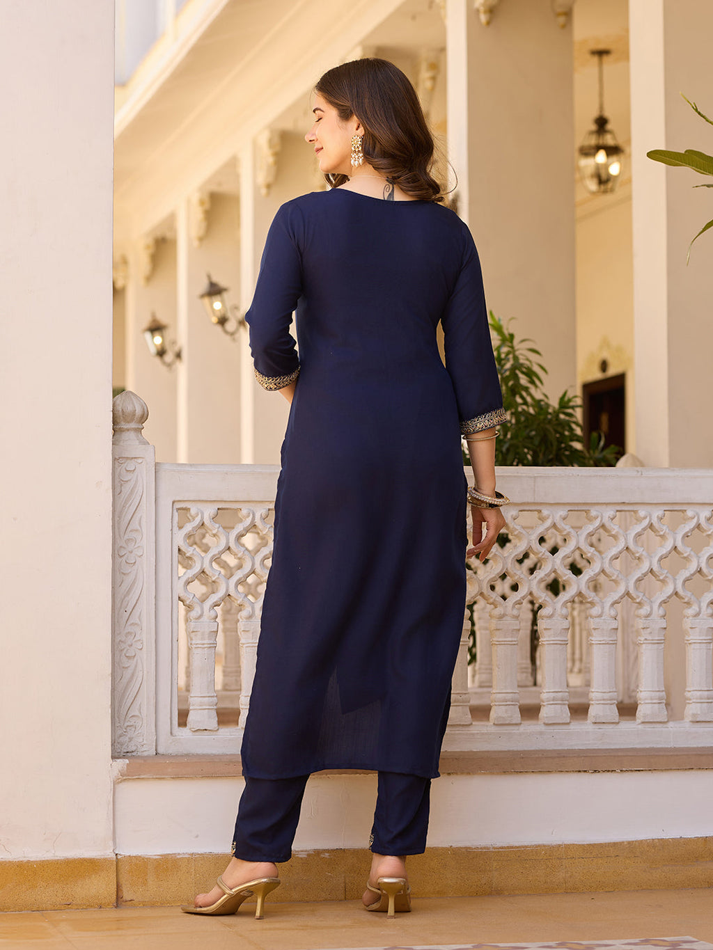 Teeya Creation Navy Blue Color Rayon Embroidery Work Fully Stitched Kurti Set