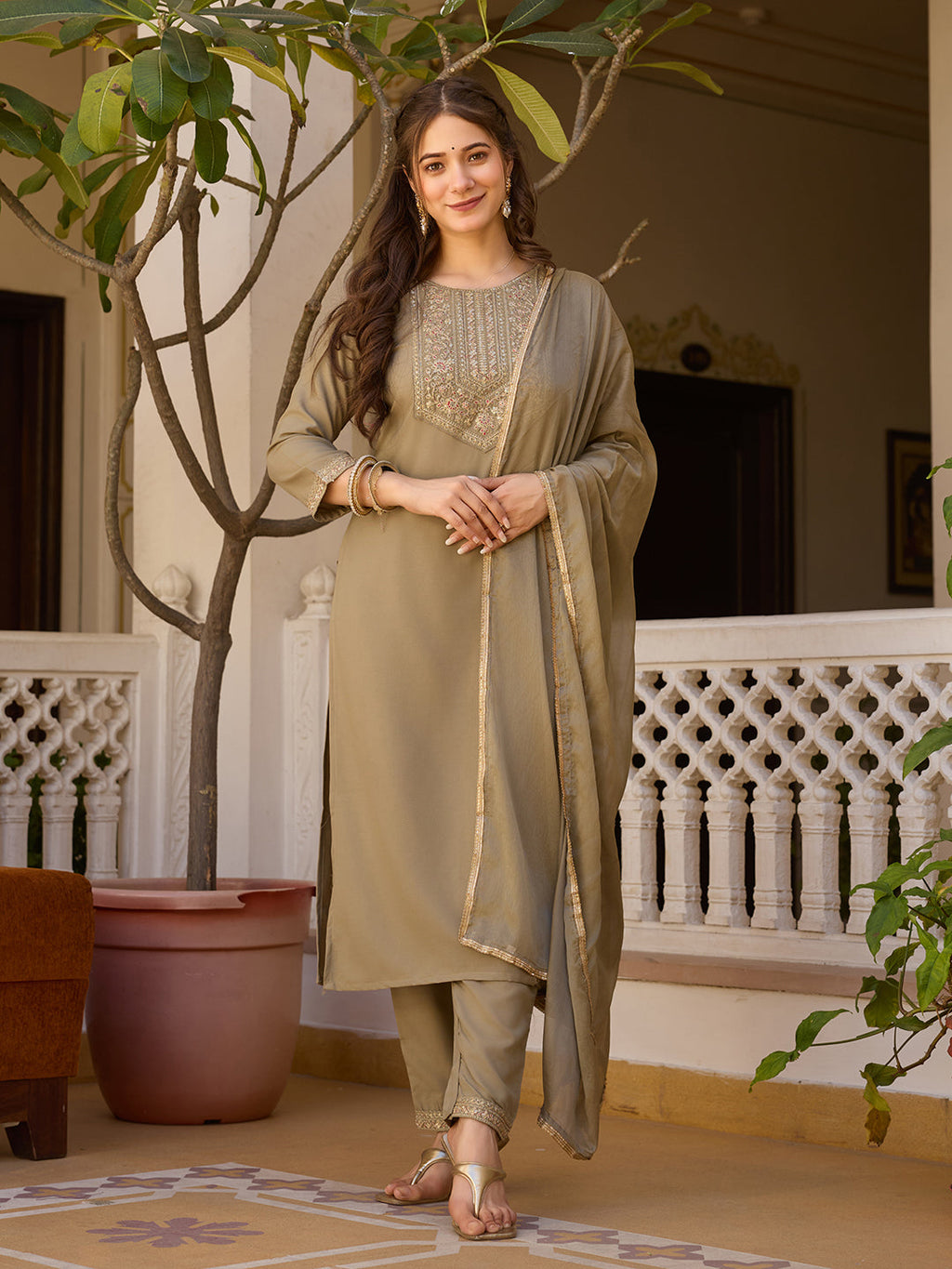 Teeya Creation Deep Stone Color Rayon Embroidery Work Fully Stitched Kurti Set