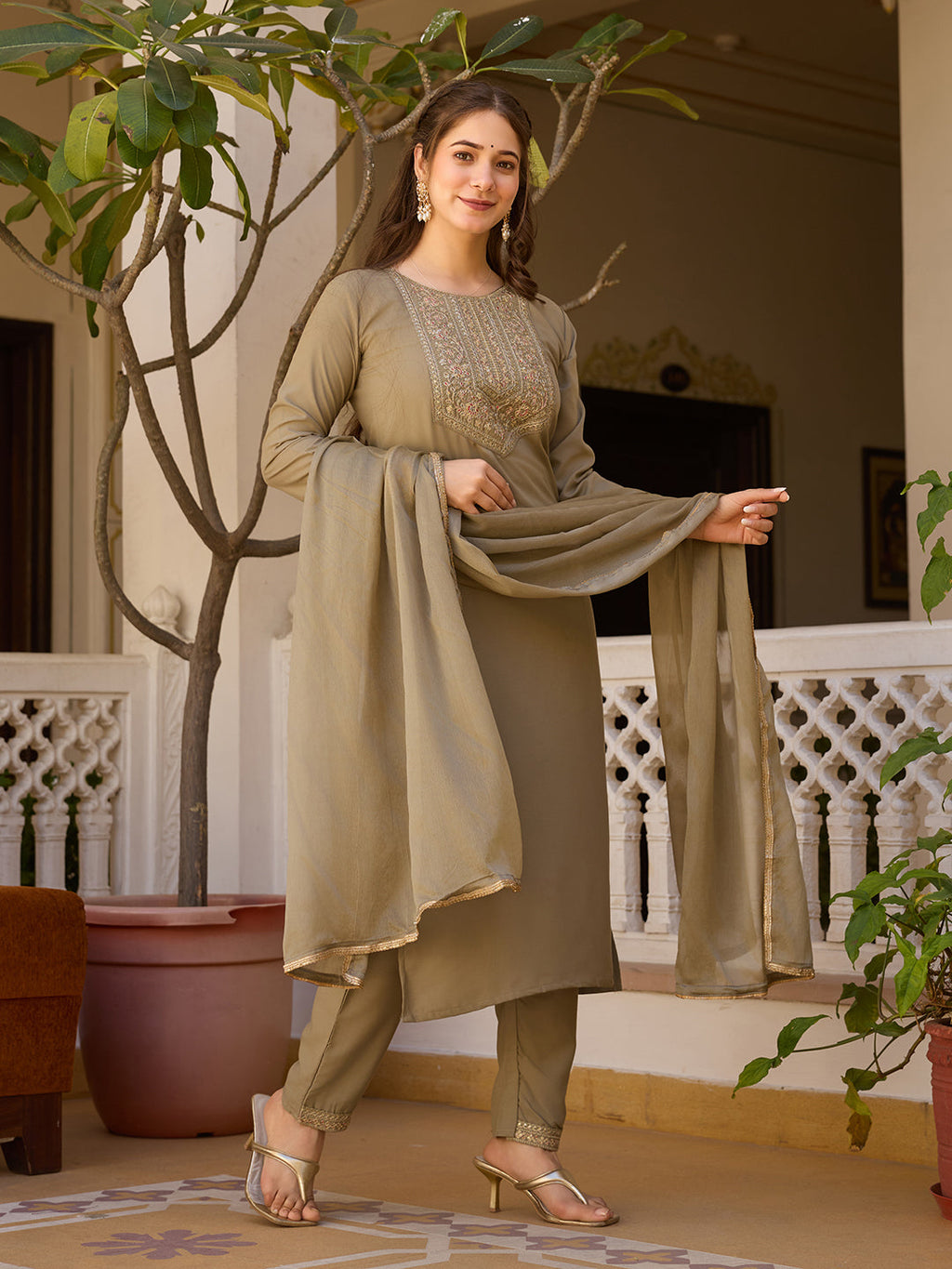 Teeya Creation Deep Stone Color Rayon Embroidery Work Fully Stitched Kurti Set