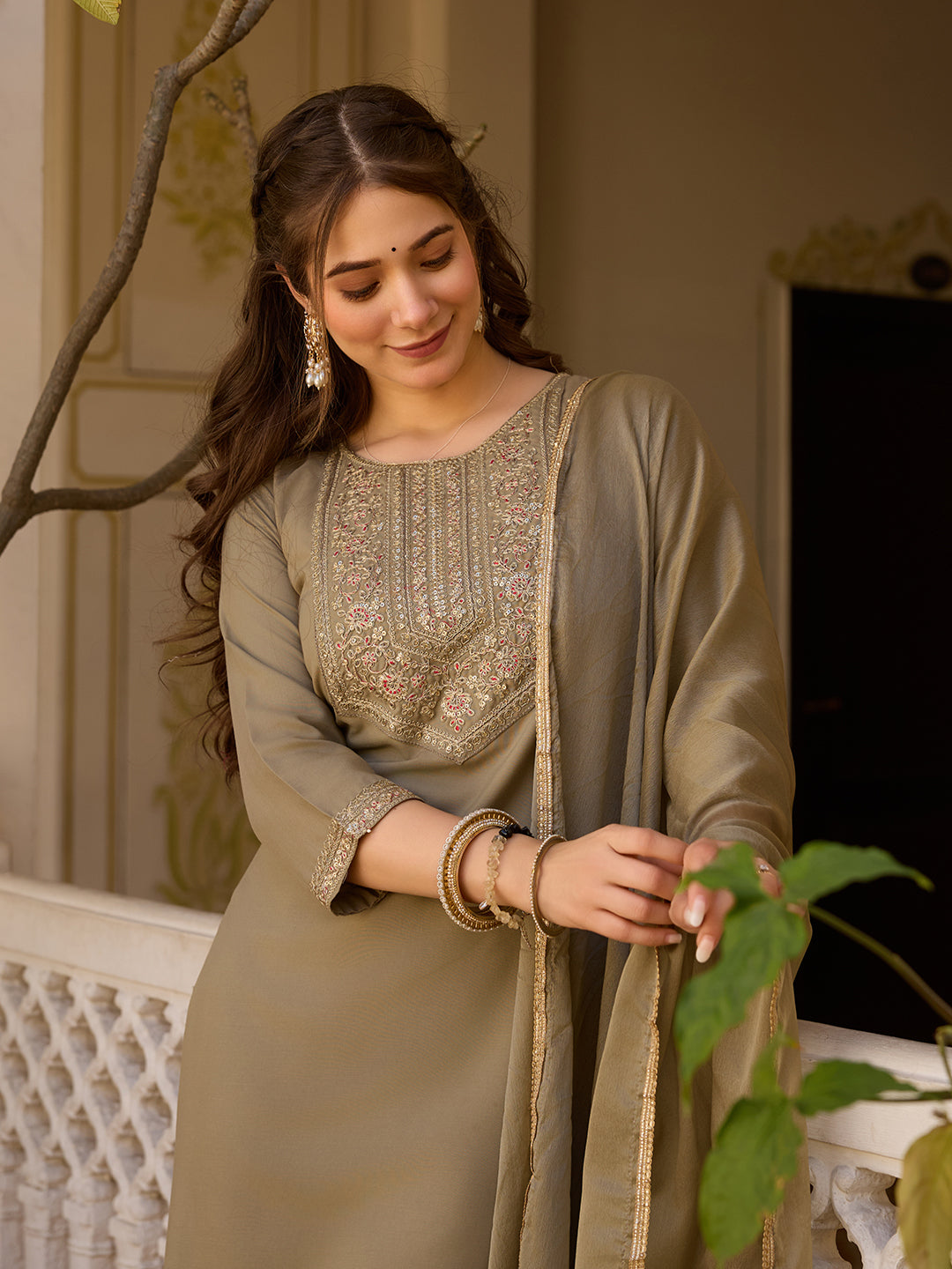 Teeya Creation Deep Stone Color Rayon Embroidery Work Fully Stitched Kurti Set