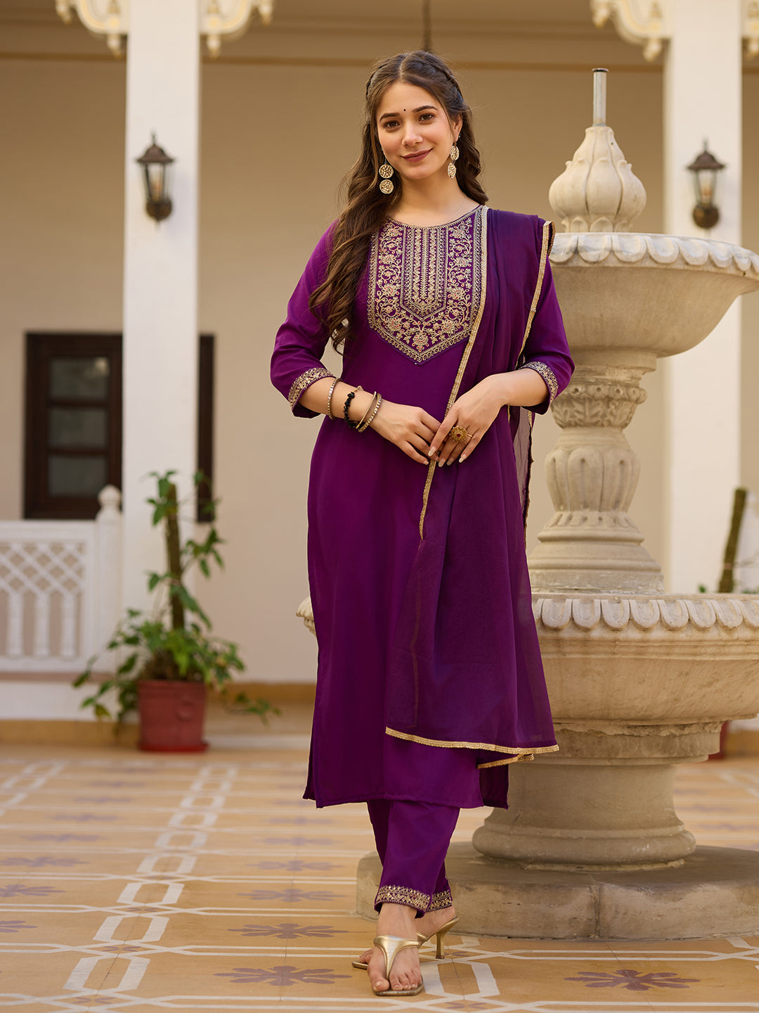 Teeya Creation Wine Color Rayon Embroidery Work Fully Stitched Kurti Set