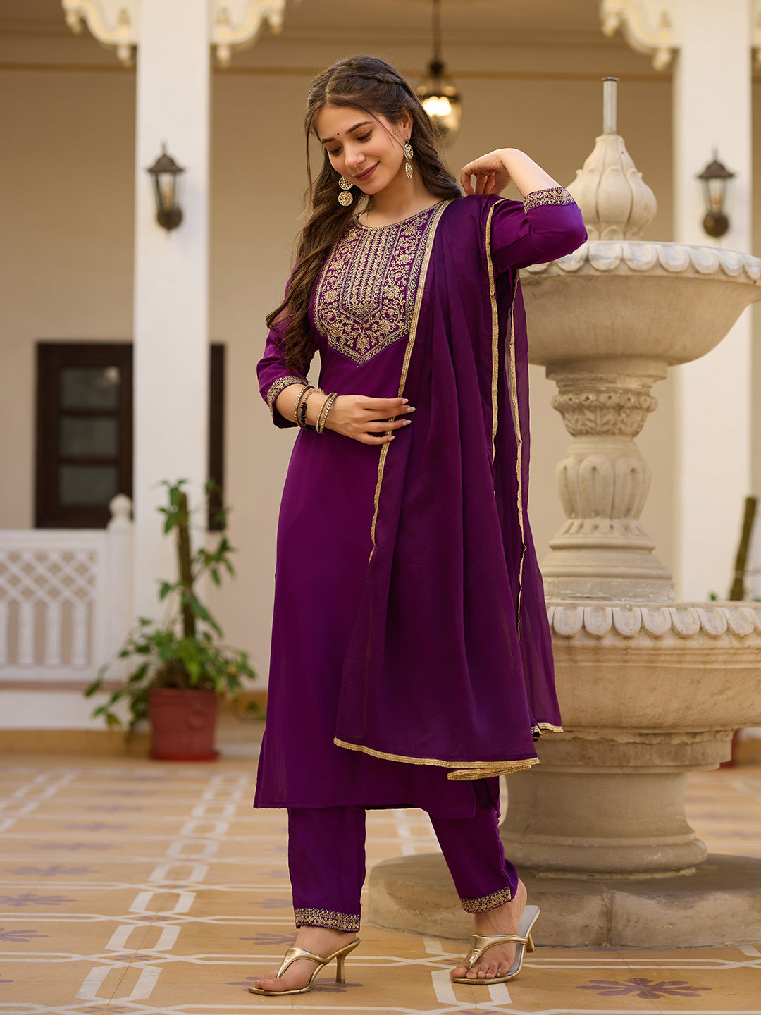 Teeya Creation Wine Color Rayon Embroidery Work Fully Stitched Kurti Set