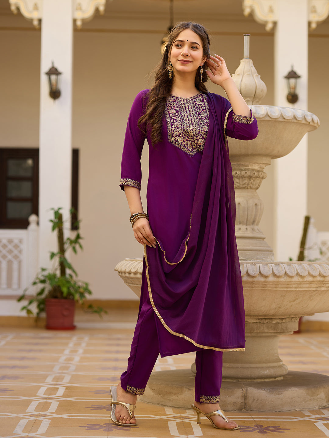 Teeya Creation Wine Color Rayon Embroidery Work Fully Stitched Kurti Set