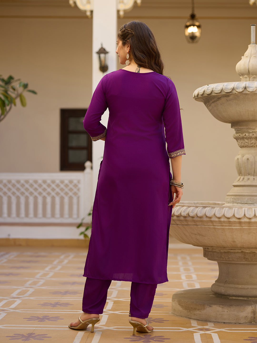 Teeya Creation Wine Color Rayon Embroidery Work Fully Stitched Kurti Set