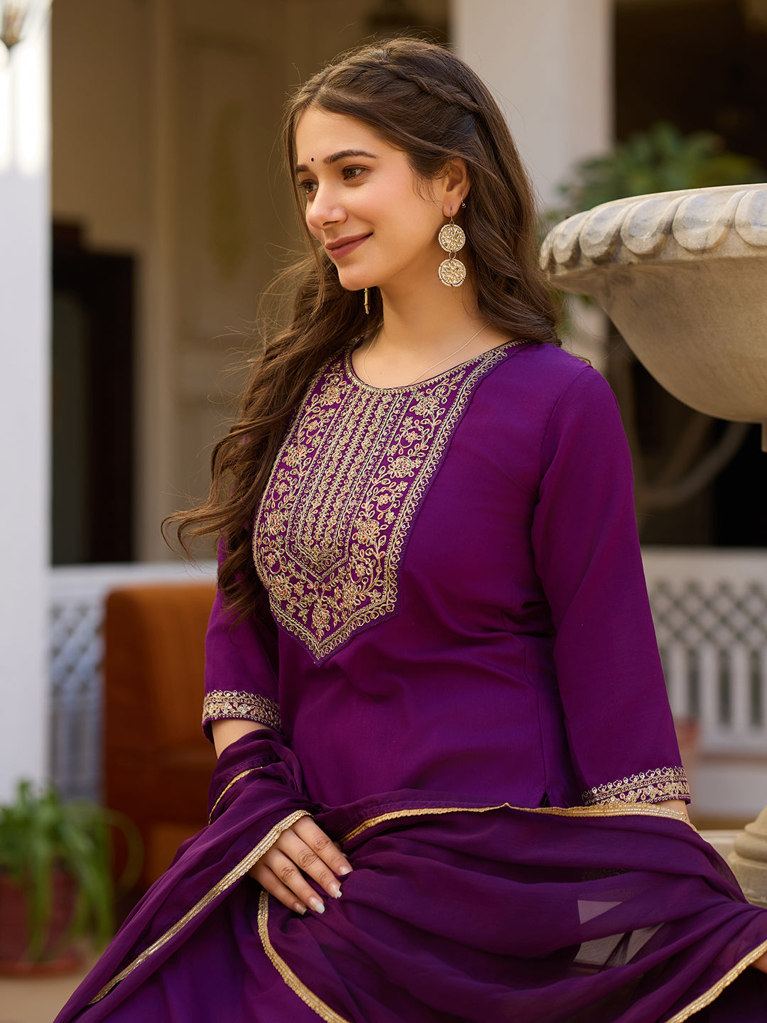 Teeya Creation Wine Color Rayon Embroidery Work Fully Stitched Kurti Set