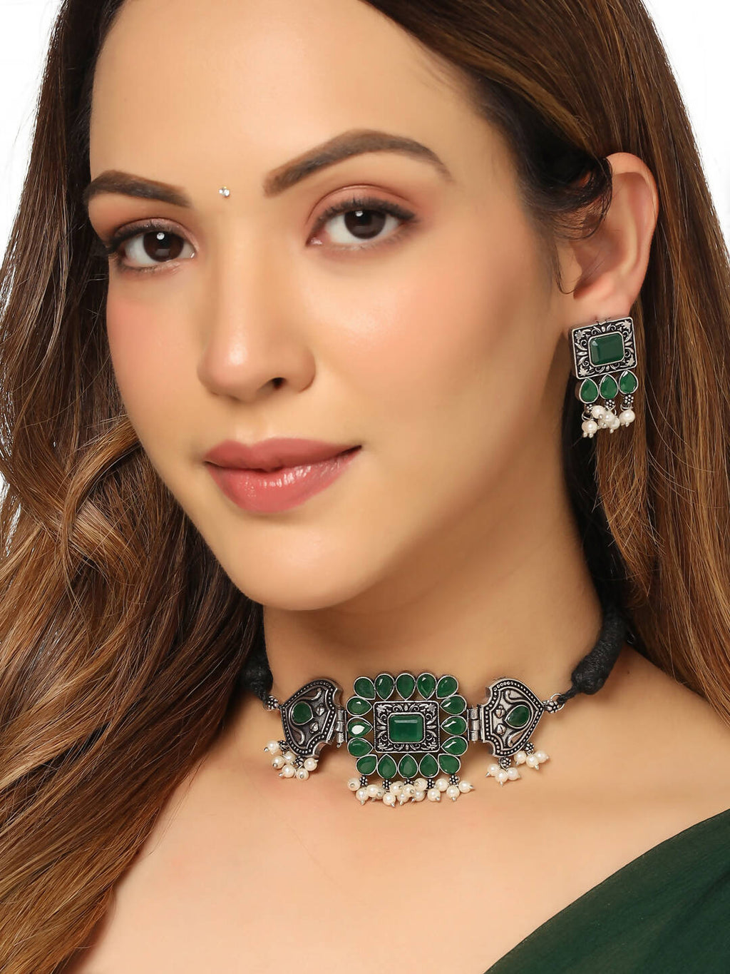 NVR Women's Oxidised Silver Plated Green Color Stone Jewellery Set With Earrings