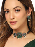 NVR Women's Oxidised Silver Plated Green Color Stone Jewellery Set With Earrings