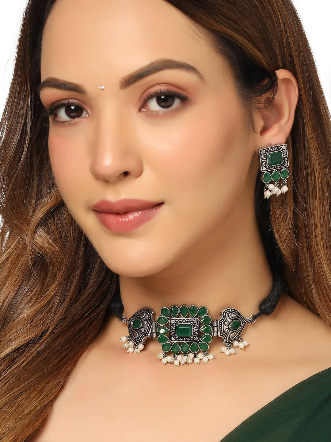 NVR Women's Oxidised Silver Plated Green Color Stone Jewellery Set With Earrings