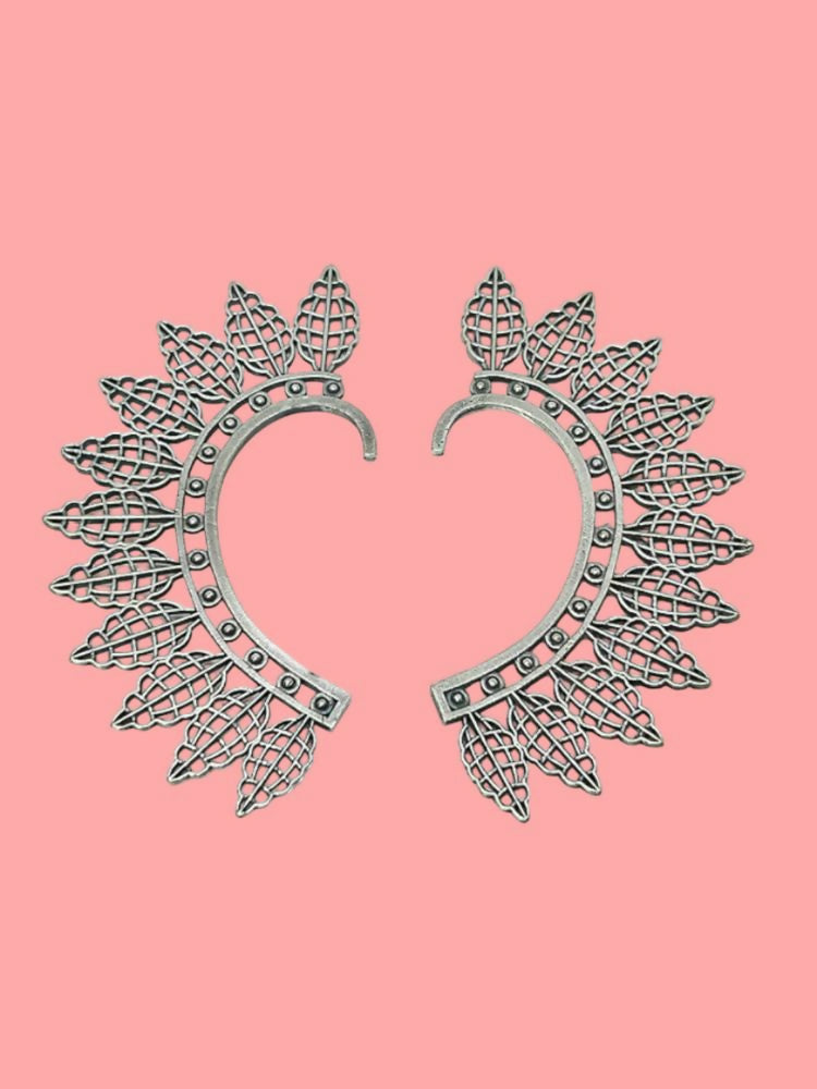 NVR Women Silver Plated Oxidised Leaf Style Ear Cuff