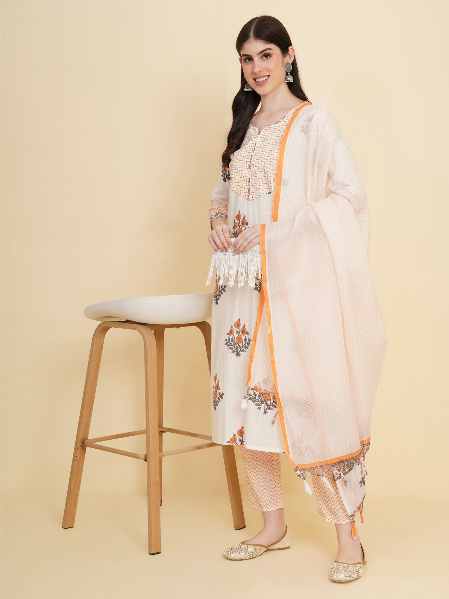 Designer Stylish white cotton Stitched Suit With Dupatta - Tanisha