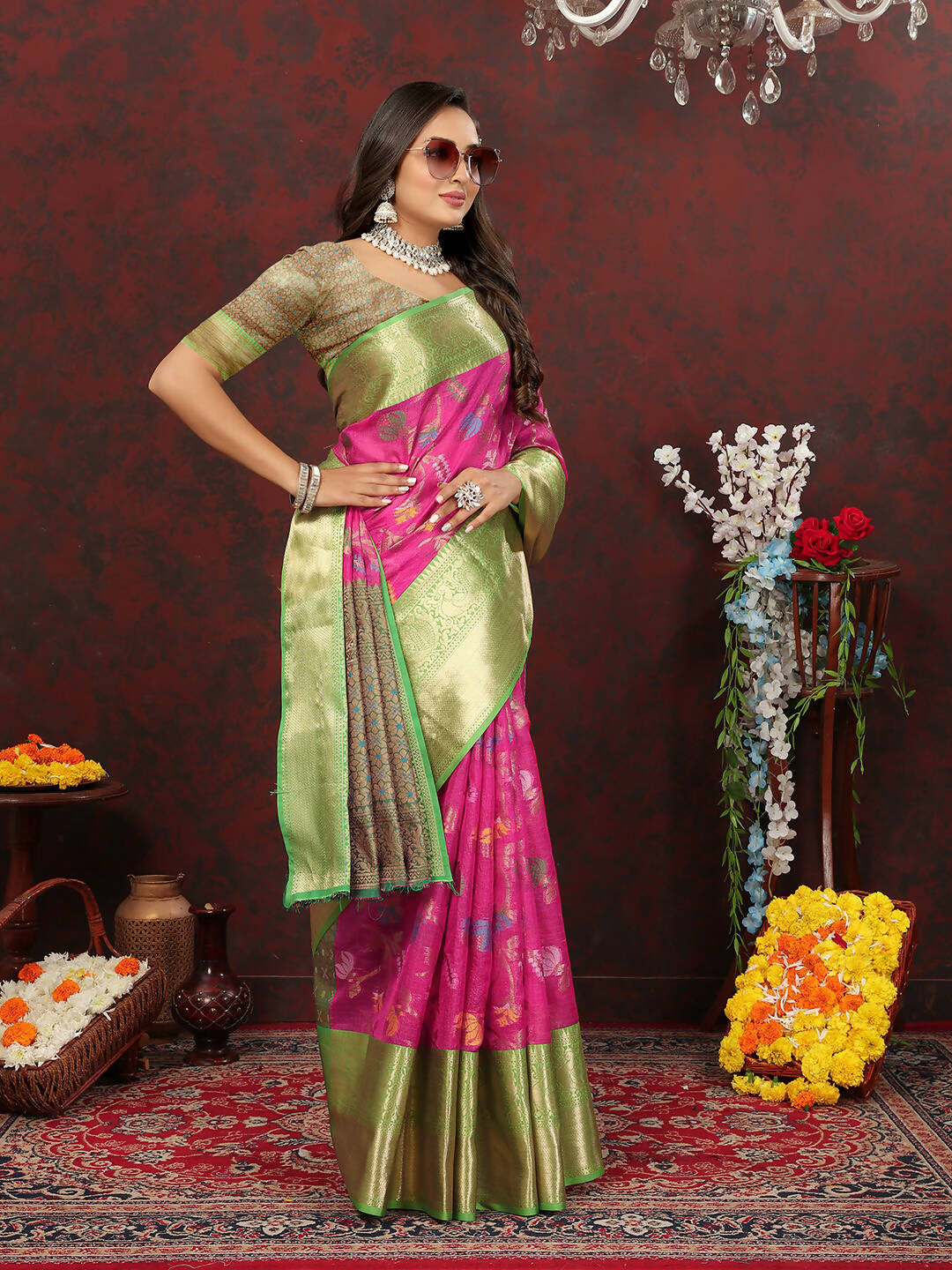 Lorenvalley Fashion Pink Cotton Woven Design Zari Meenakari Weaving Saree
