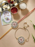 NVR Women & Men Set of 2 Gold Kundan-Studded Bhaiya Bhabhi Rakhi Set With Roli Chawal & Chocolate