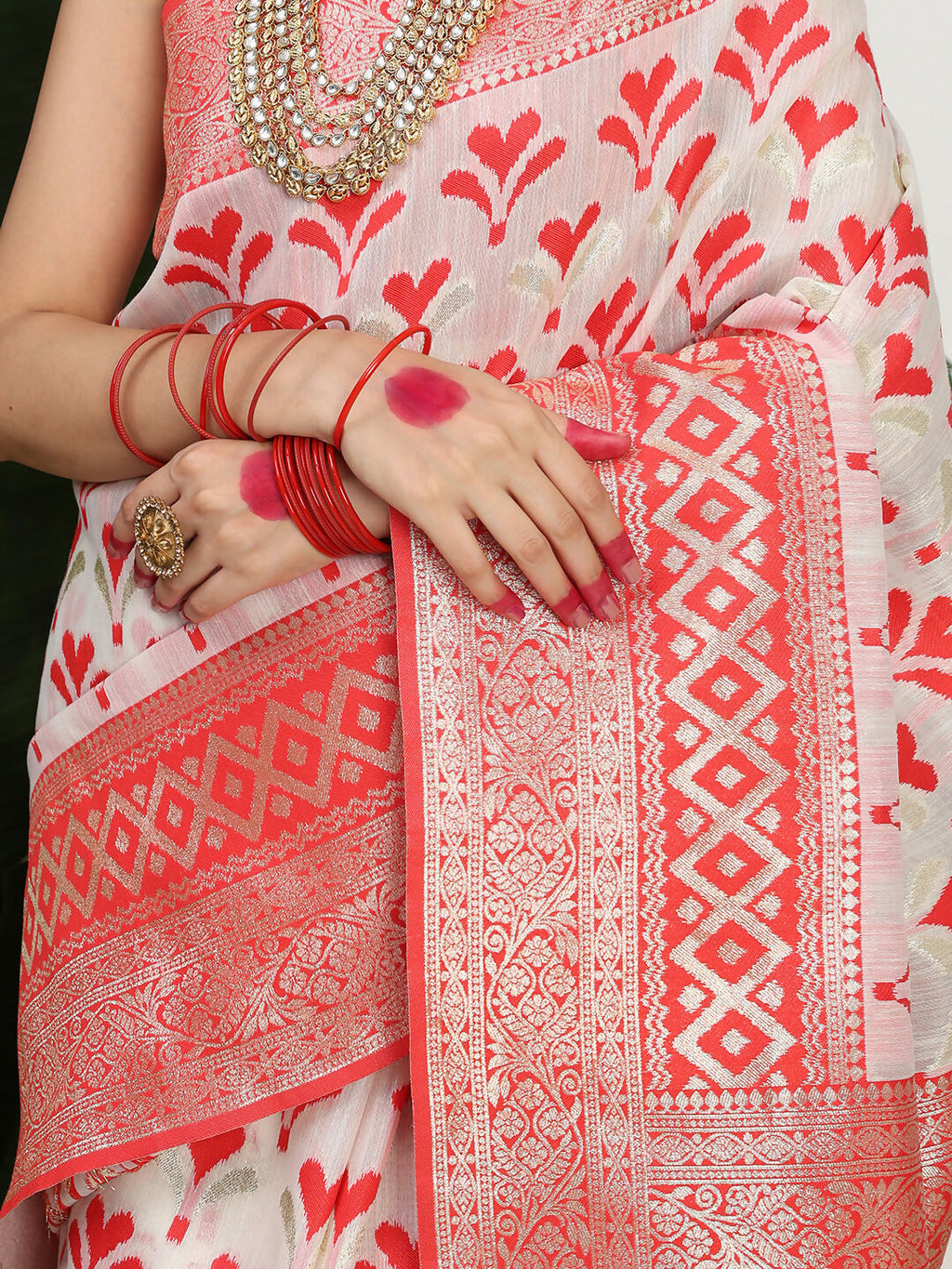 Shree Shyam Fashion Linen Cotton Red & White Saree