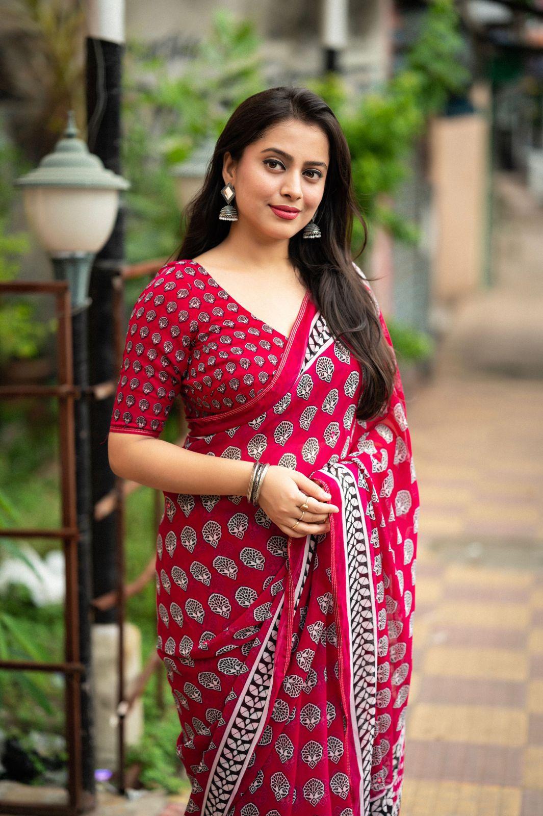 Rani Poly Georgette Ajrak Saree with Unstitched Blouse - A2M