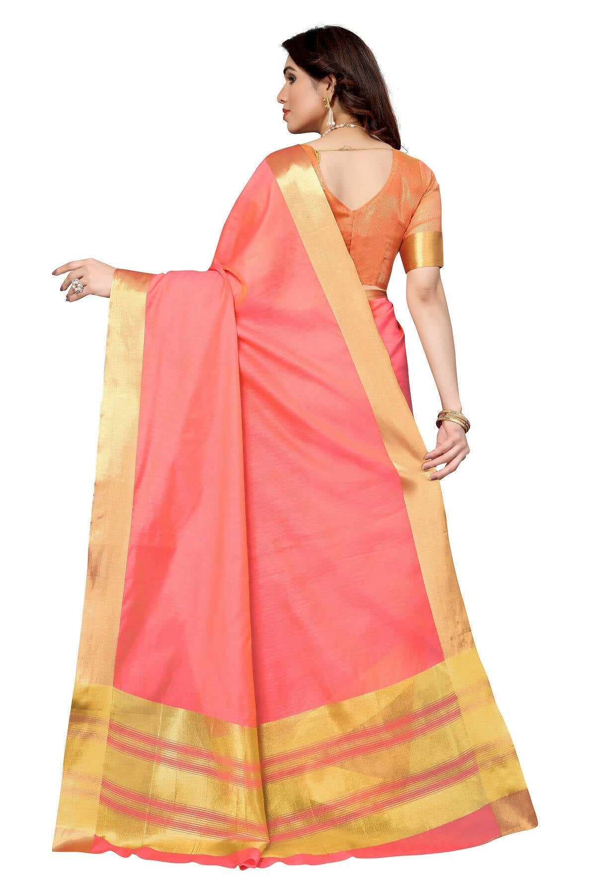 Vamika Peach Cotton Polyester Silk Weaving Saree