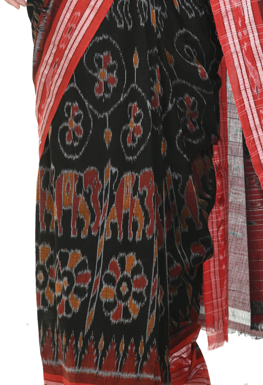Vamika Sambalpuri Ikat Cotton Dehabandha Tribal Maroon & Orange Saree