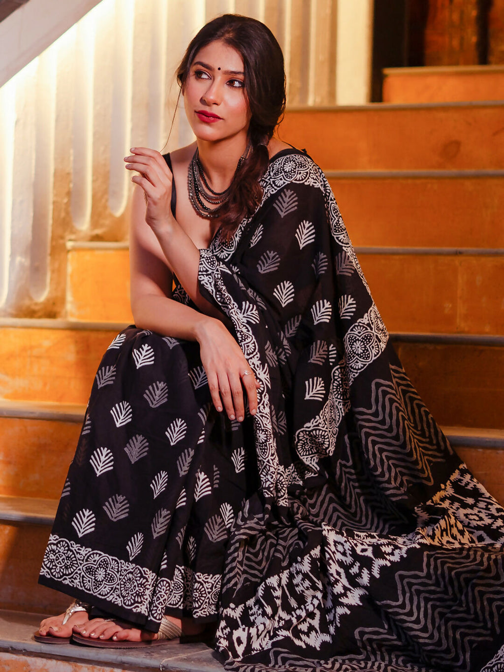 Zibaa Hand-Blocked Pure Mul Cotton Black Saree